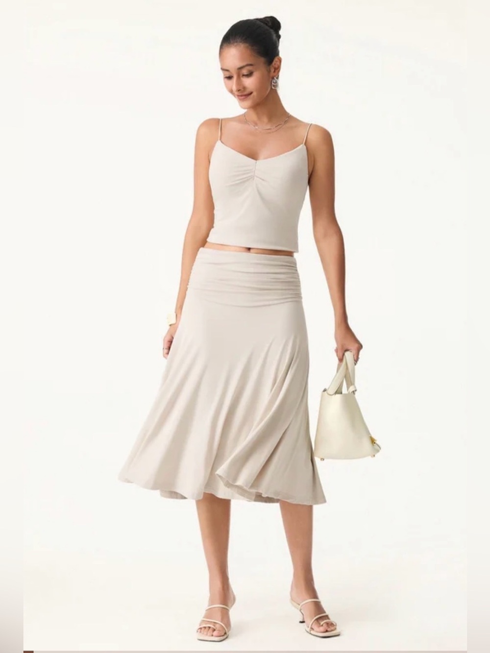 OGL WOMEN’s Eco-SkinKiss Flowy Side Ruched A-line Midi Skirt medium Fog NEW